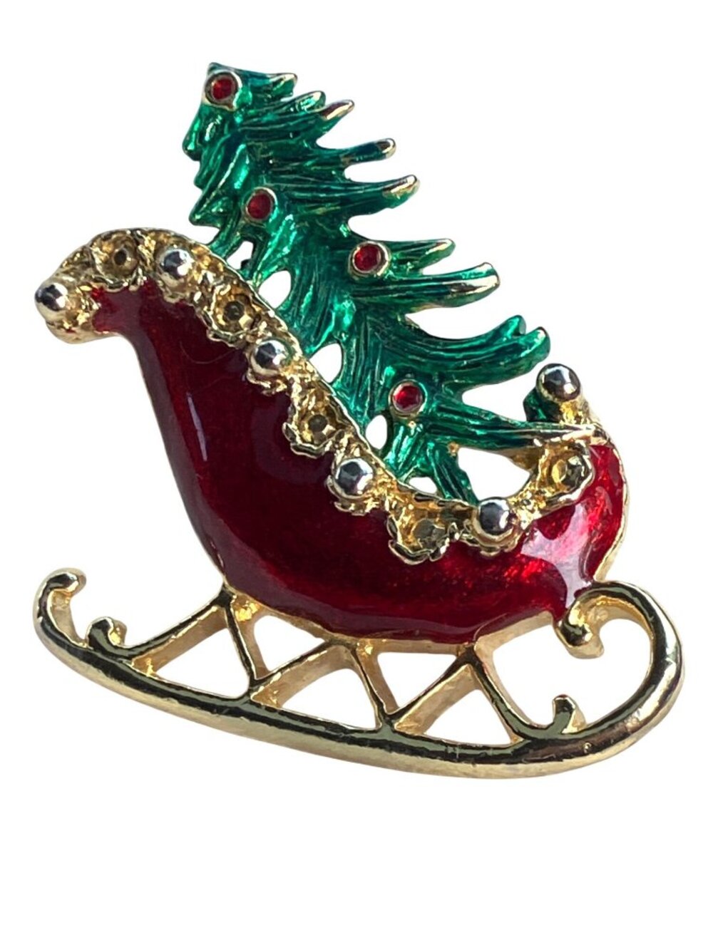 Christmas Sleigh Pin Brooch With Red Enamel Green Tree Design Christmas - Picture 11 of 11